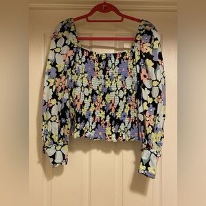 Free People Ariana Long Sleeve Smocked Cropped Floral Blouse